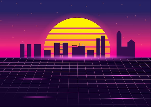 Retro background 80s style sun with digital retro style tall buildings cyber grid neon texture