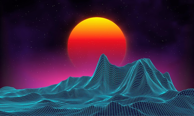 Retro background futuristic landscape 1980s style digital retro landscape cyber surface retro music album cover template sun space mountains 80s retro scifi background summer landscape