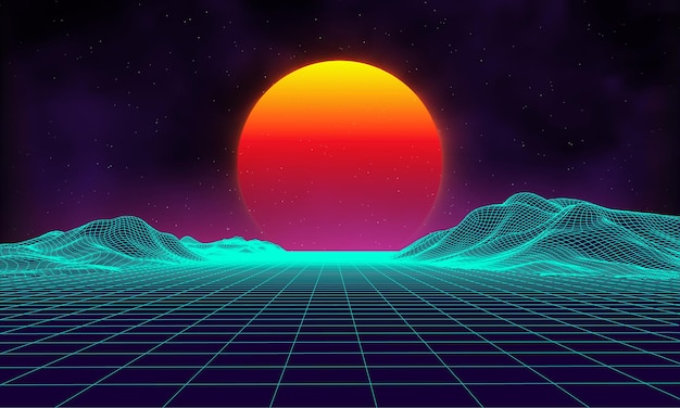 Vettore sfondo retrò paesaggio futuristico stile anni '80 digital retrò paesaggio cyber superficie retro musica album copertina modello sole spazio montagne anni '80 retro scifi sfondo paesaggio estivo