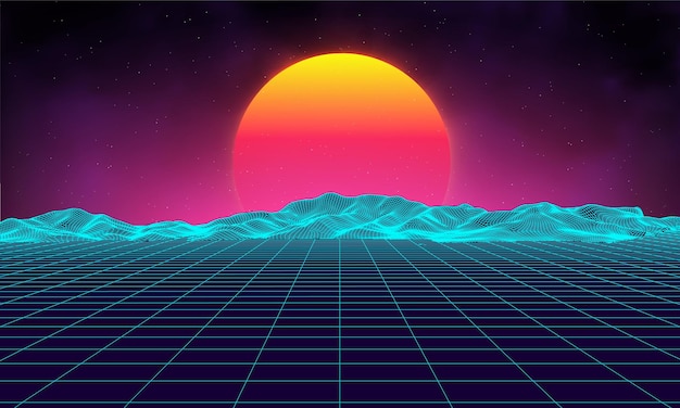 レトロな背景未来的な風景1980年代スタイルデジタルレトロな風景サイバー表面レトロな音楽アルバムカバーテンプレート太陽空間の山80年代レトロなSciFi背景夏の風景