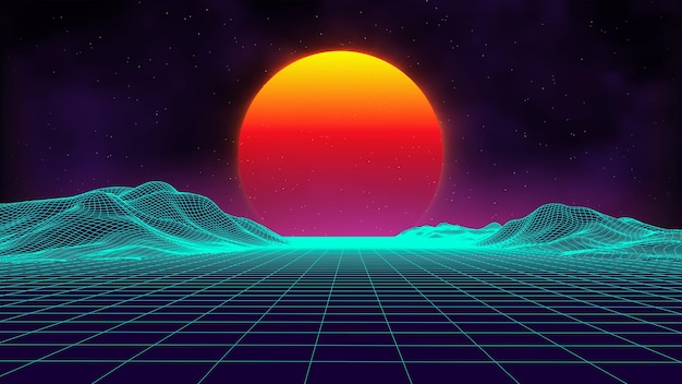 Вектор Ретро-фон футуристический пейзаж стиль 1980-х годов цифровой ретро-пейзаж кибер-поверхность ретро музыкальный шаблон обложки альбома солнце космос горы 80-е годы ретро научно-фантастический фон летний пейзаж