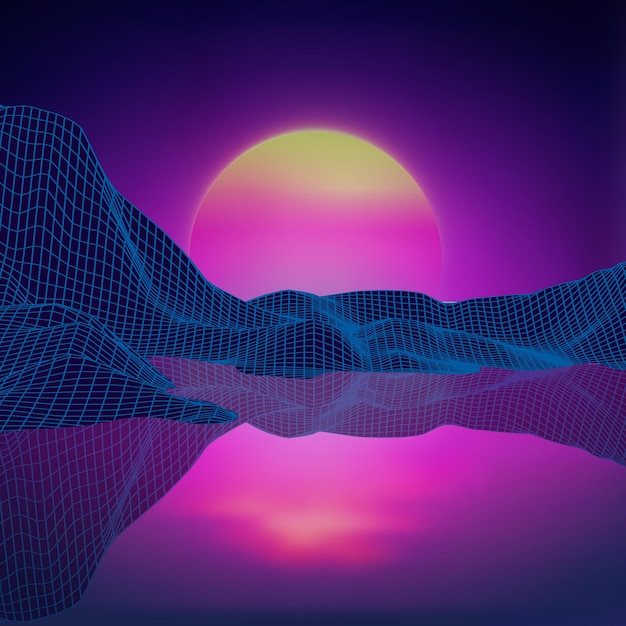 Retro background futuristic landscape 1980s style digital retro landscape cyber surface retro music album cover template sun space mountains 80s retro scifi background summer landscape