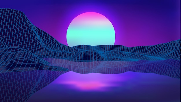 Retro background futuristic landscape 1980s style at sea. 80s retro sci-fi background summer landscape