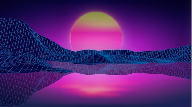 Vector retro background futuristic landscape 1980s style at sea. digital retro landscape cyber surface. retro music album cover template sun, space, mountains . 80s retro sci-fi background summer landscape.