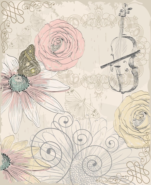 Retro background illustration of a butterfly and blooming summer flowers