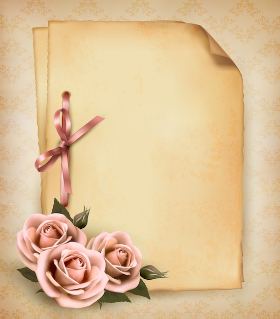 Retro background with beautiful pink rose and old paper