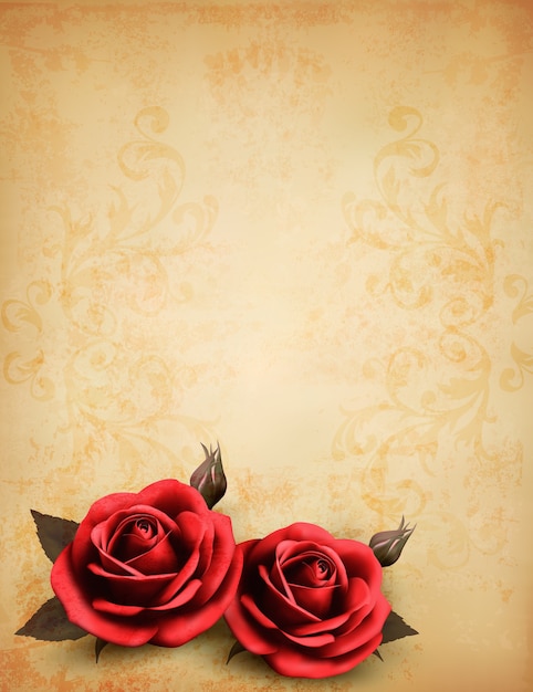 Retro background with beautiful red roses with buds