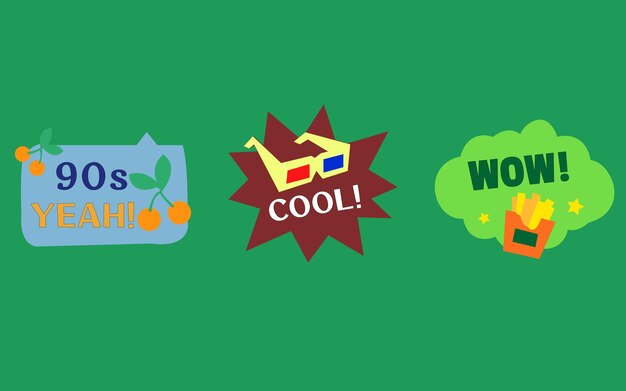 Retro badges with phrases 90s YEAH COOL and WOW on green background