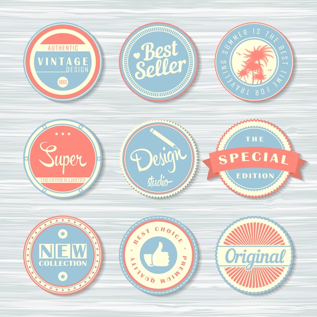 Vector retro badges on wooden background. labels set: super, original, new, best seller and other