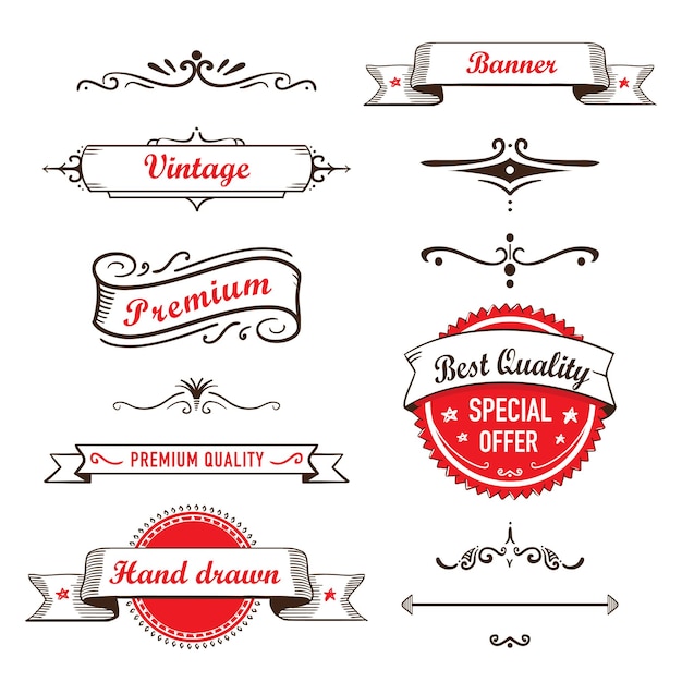 Retro Banners and Labels Vector hand drawn illustration Set