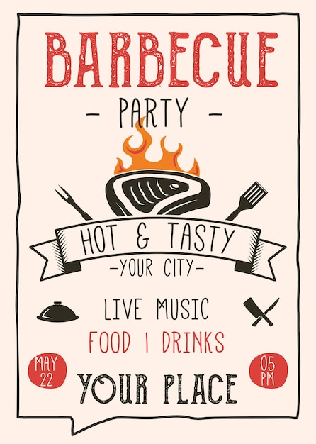 Retro barbecue-feestvlieger. vintage bbq-poster sjabloonontwerp