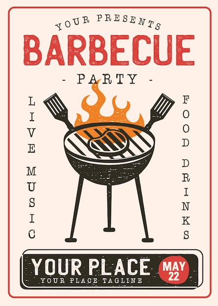 Grill party artistic invitation or poster design template. Barbecue food retro  flyer idea with bbq and meat on fire Stock Vector Image & Art - Alamy