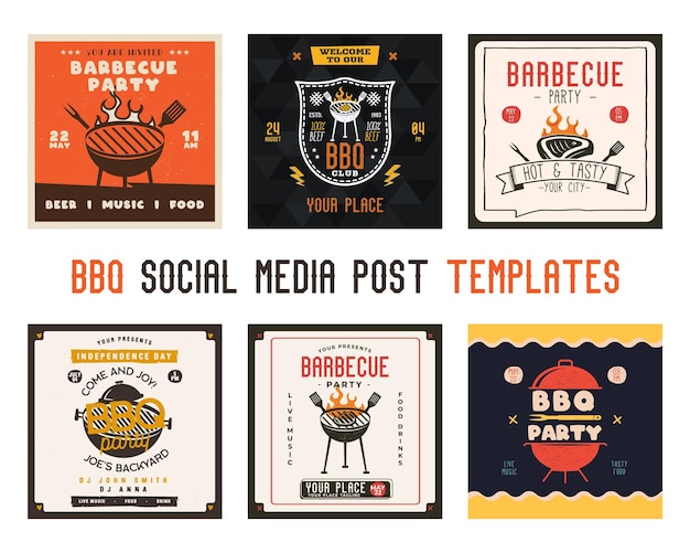 Set di modelli di carte per feste barbecue retrò carte quadrate per barbecue per il marketing sui social media disegni di postazioni per barbecue volantini poster vettoriali stock