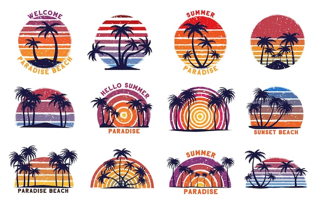 Vettore tramonto sulla spiaggia retrò stampa del paradiso estivo con set di illustrazioni vettoriali a strisce grunge anni '80 e silhouette di palme