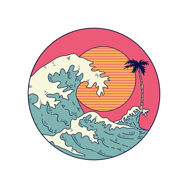 Retro Beach with wave and Sun