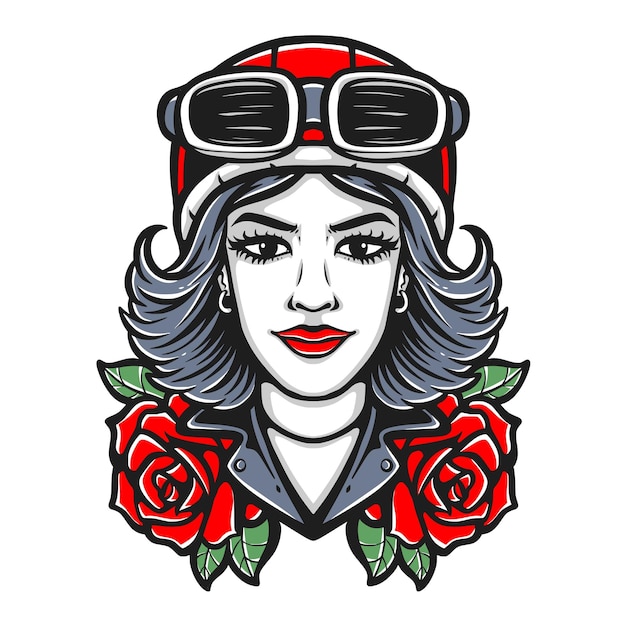 Ragazza motociclista retrò con logo rose