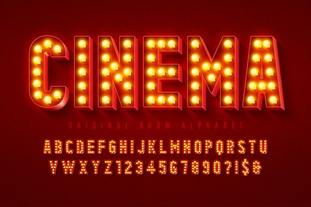 Retro bioscoop alfabet ontwerp, cabaret, LED lampen letters en cijfers.