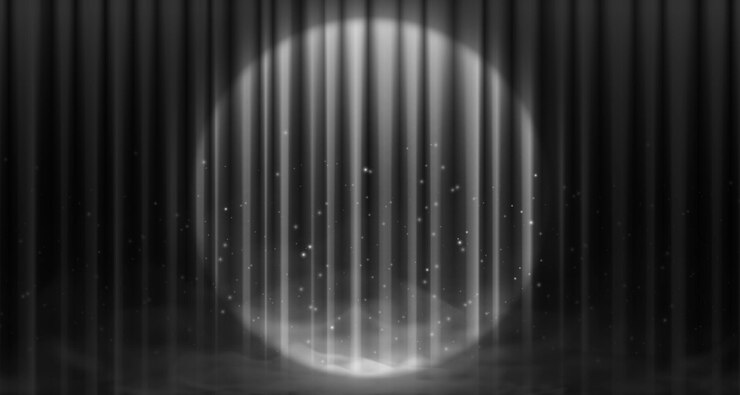 Vector retro black stage curtain with spotlight sparkles fog and smoke machine effects elegant theatrical