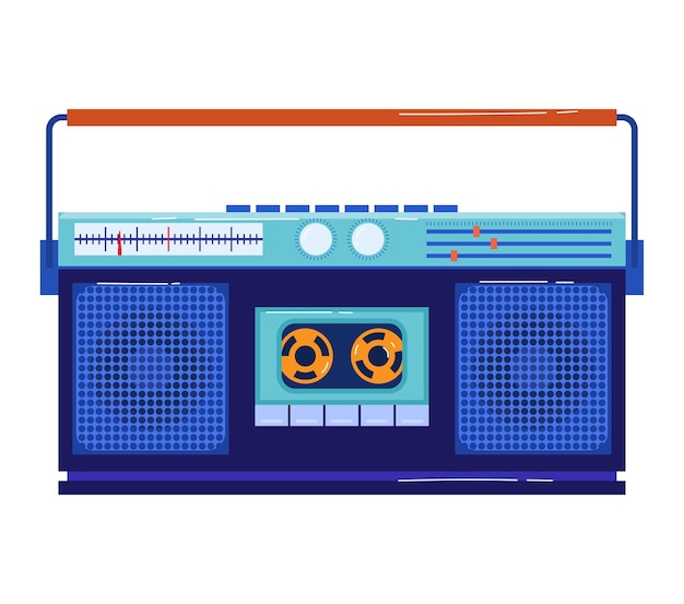 Vector retro blue boombox with cassette player vintage music equipment with speakers vector illustration