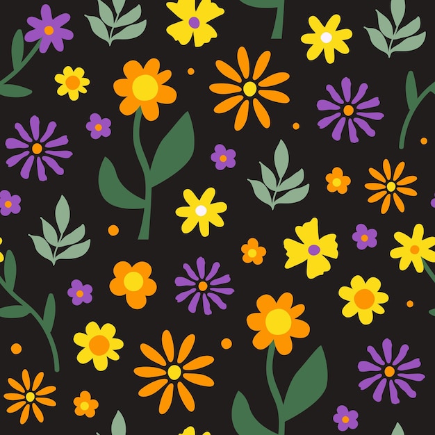 Retro botanical seamless pattern with vintage flowers in style 60s, 70s on black background.