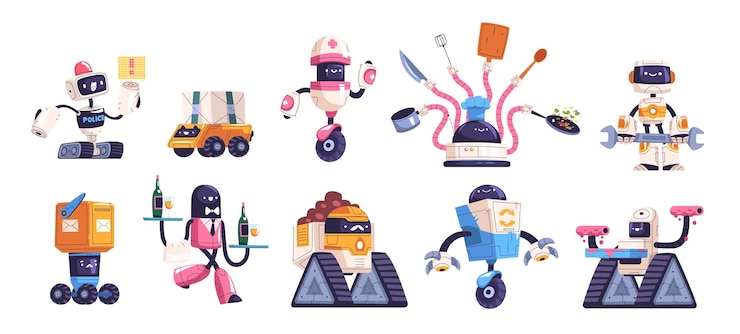 Vector retro bots futuristic robot work characters internet game toy transformer bot for cooking or mail robotic technology funny computer friendly machine classy vector illustration