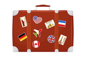 Antique Brown Leather Suitcase With Travel Stickers 