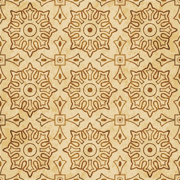Vector retro brown textured seamless pattern, round cross square geometry flower