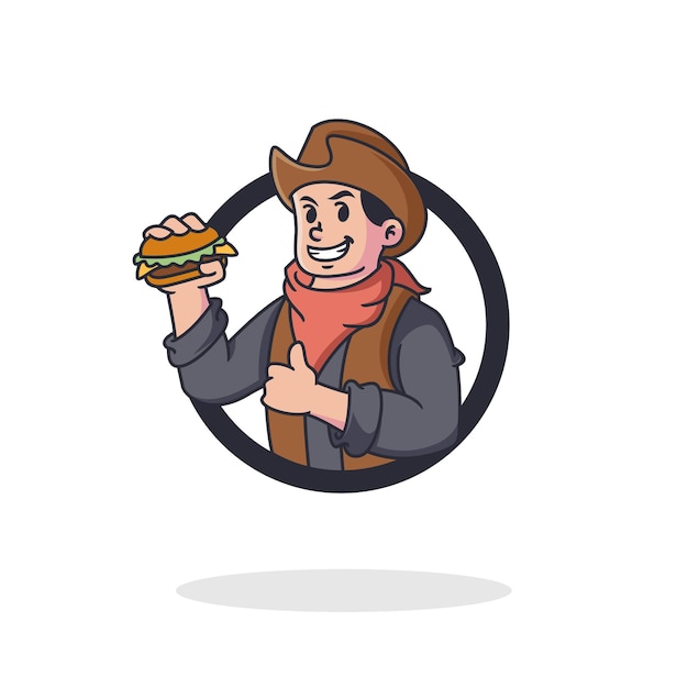 Vettore logo della mascotte di cowboy retrò hamburger