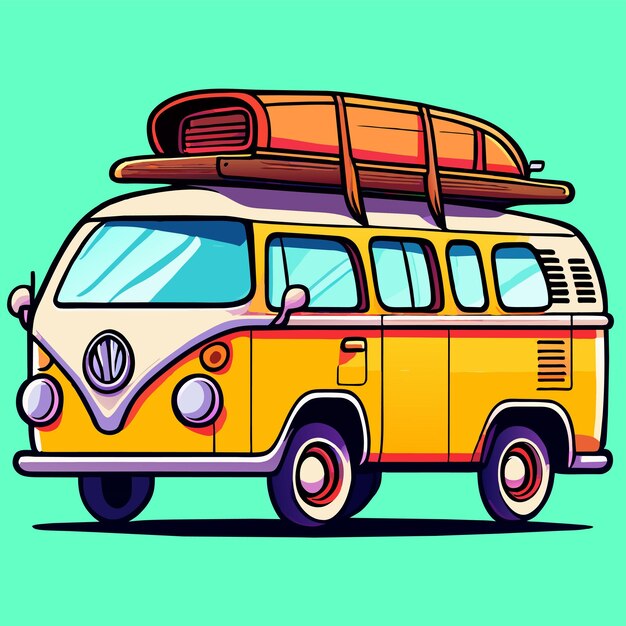 Vector retro bus camper met de hand getekend platte stijlvolle cartoon sticker icoon concept geïsoleerde illustratie