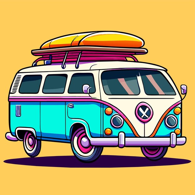 Vector retro bus camper met de hand getekend platte stijlvolle cartoon sticker icoon concept geïsoleerde illustratie