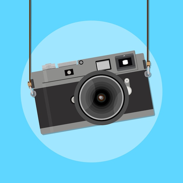 Vector retro camera in a flat style blue background old camera with strap