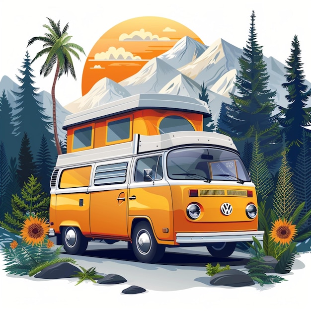 Vector retro camper vans in forest cartoon sticker t shirt design vector