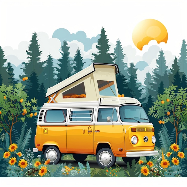 Vector retro camper vans in forest cartoon sticker t shirt design vector