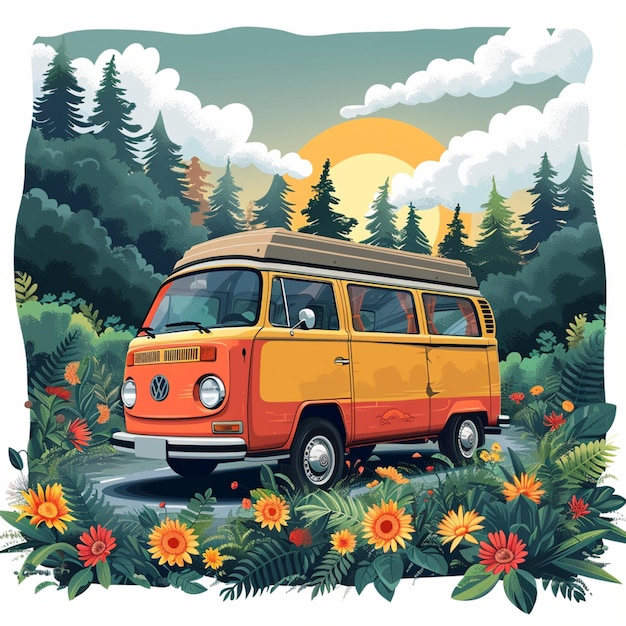 retro camper vans in het bos cartoon sticker t shirt design vector