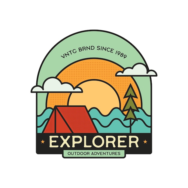 Retro camping badge featuring wildernessthemed design including explorer landscape with tent Stock vector travel label isolated on white background