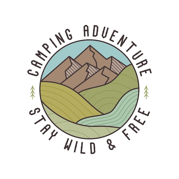 Retro camping badge featuring wildernessthemed design including mountains landscape Stock vector travel label isolated on white background