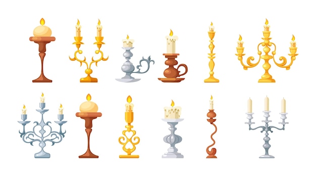 Retro candles in candlesticks set Candle holders chandelier and candelabrums with burning flames