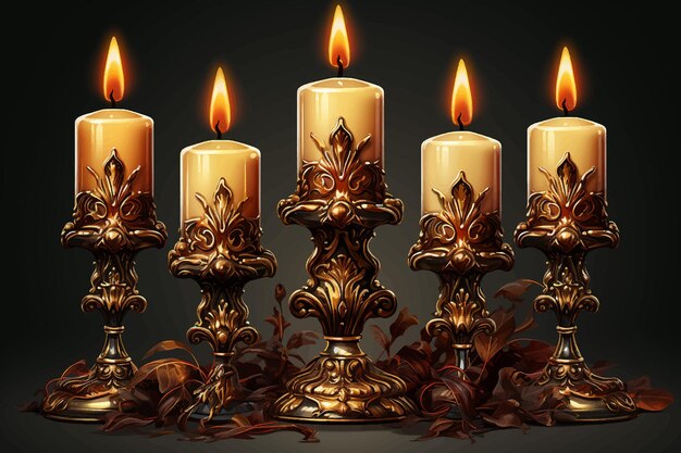 Vector retro candlesticks with candles on wooden table on black background