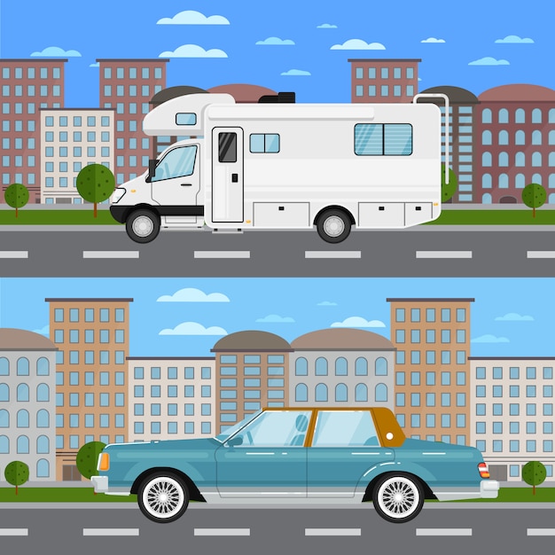 Retro car and camper van in urban landscape