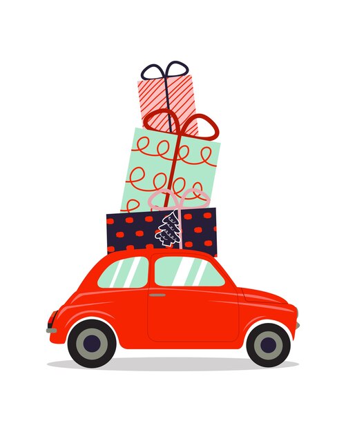 Vector retro car carrying pile of christmas presents