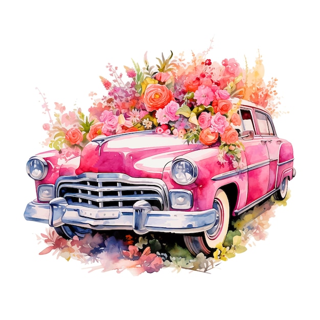 Vector retro car filled with flowers watercolor paint