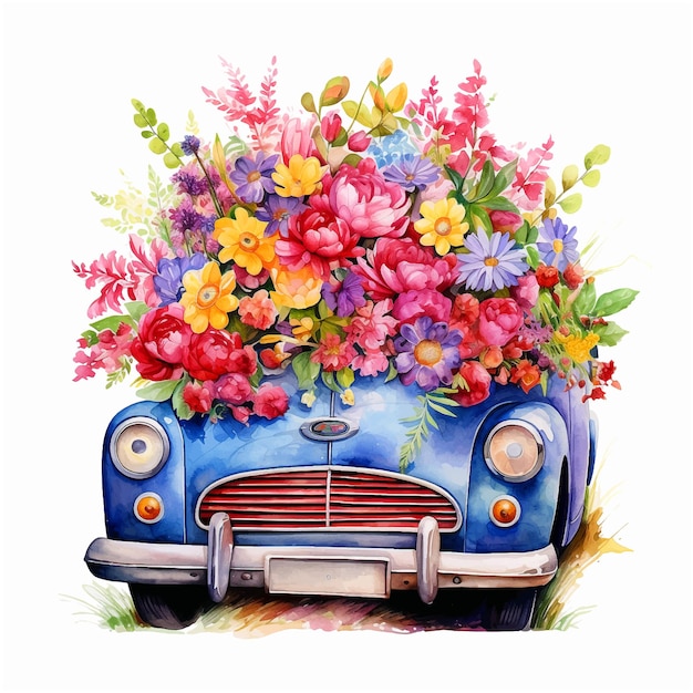 Retro car filled with flowers watercolor paint