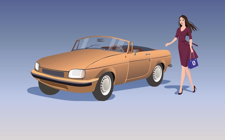 Vector レトロカーと隣の女の子 ニュートラルな背景のベクトル