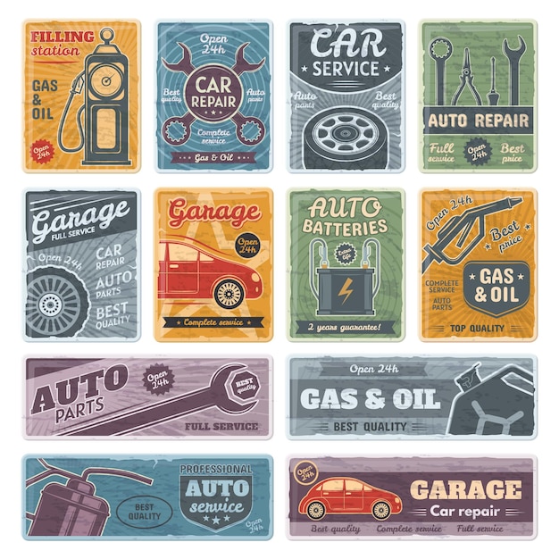 Cartelli in metallo per auto retrò poster di servizio per auto di carburante per garage stazione di benzina e segnaletica per servizio di riparazione set di illustrazioni vettoriali vecchie piastre arrugginite
