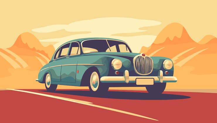 Vector retro car in motion cute picture of a car on the road