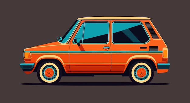 レトロな車オレンジ色ジェネレーティブ AI 旅行家族漫画珍しいデザイン ミニマリズム トラフィック大胆な輸送スタイル ビンテージ デザイナー業界車概念ベクトル イラスト