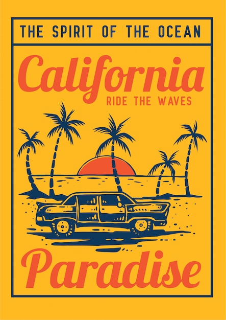 Vettore retro automobile sul paradiso della spiaggia di estate con la palma tropicale e tramonto nella retro illustrazione di vettore degli anni 80