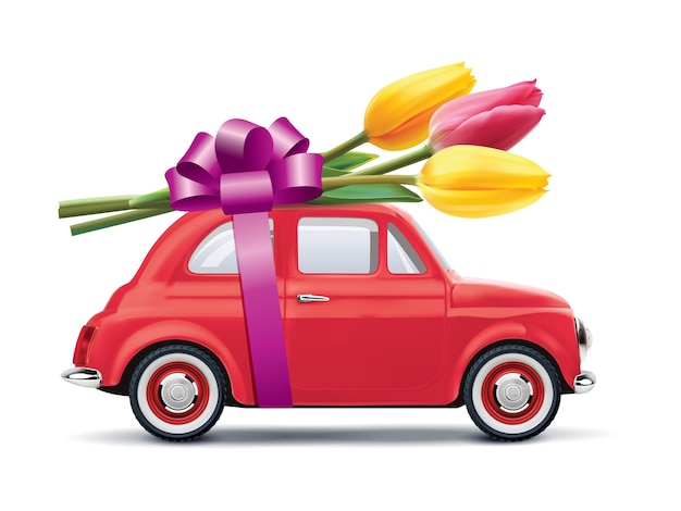 Retro car with tulips isolated on white