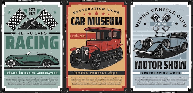 Vector retro cars museum race and motor show posters