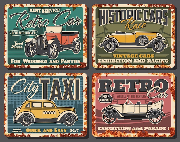 Retro cars rent, taxi service rusty plate